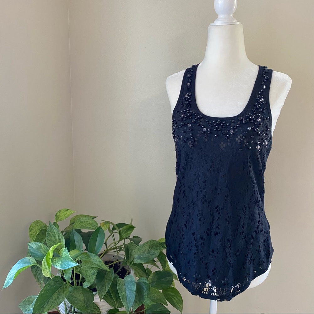 Express Black Beaded Floral Lace Tank Top